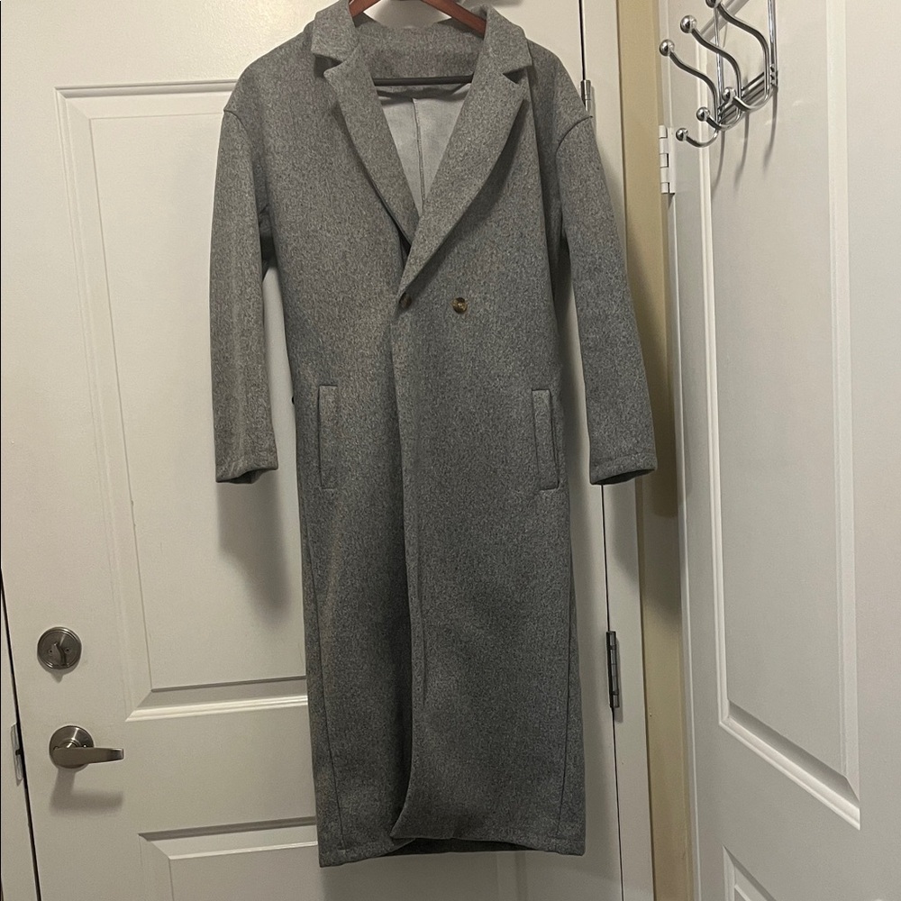 Gray Long Wool-Look Overcoat | Minimalist Winter Coat | Size [S]